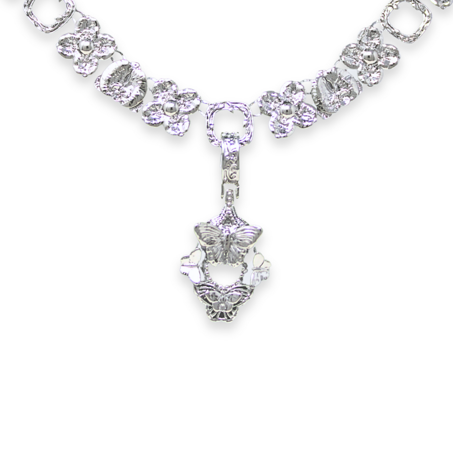 "Cherished Orchid" Necklace with Pendant - Rhodium Butterfly