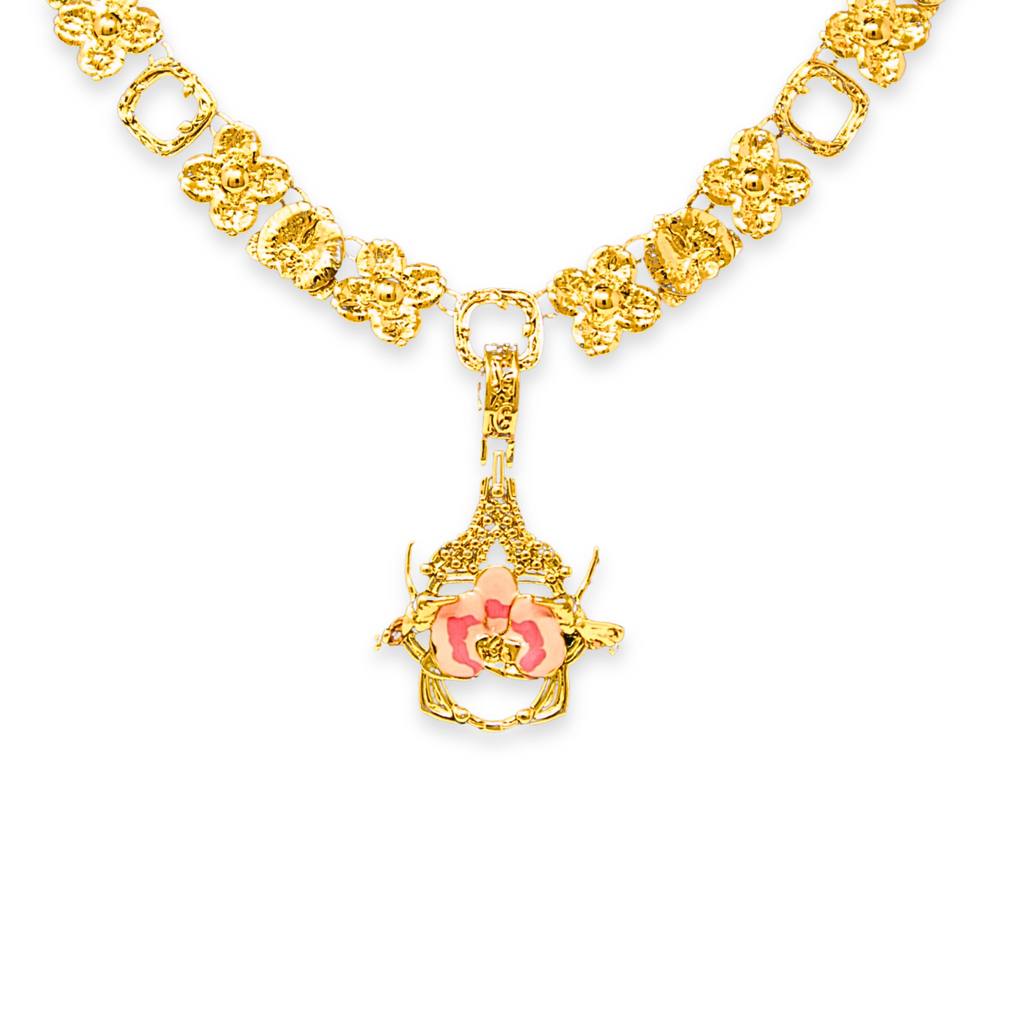 "Cherished Orchid" Necklace with Pendant - Gold with Pink Orchid House