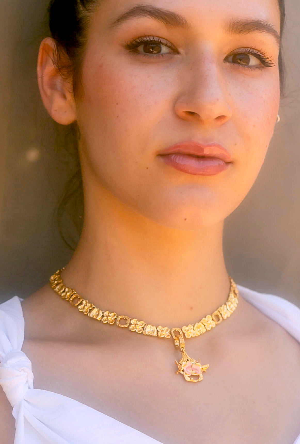 "Cherished Orchid" Necklace with Pendant - Gold with Pink Orchid House