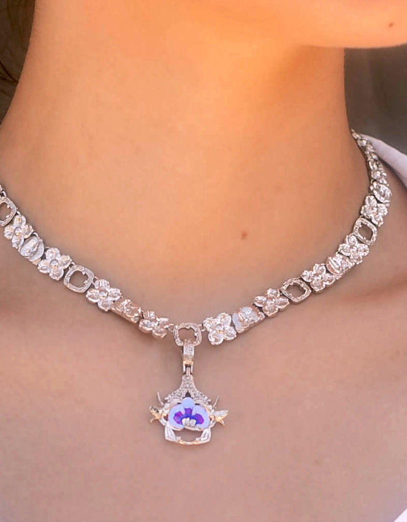 "Cherished Orchid" Necklace with Pendant - Rhodium with Blue Orchid House