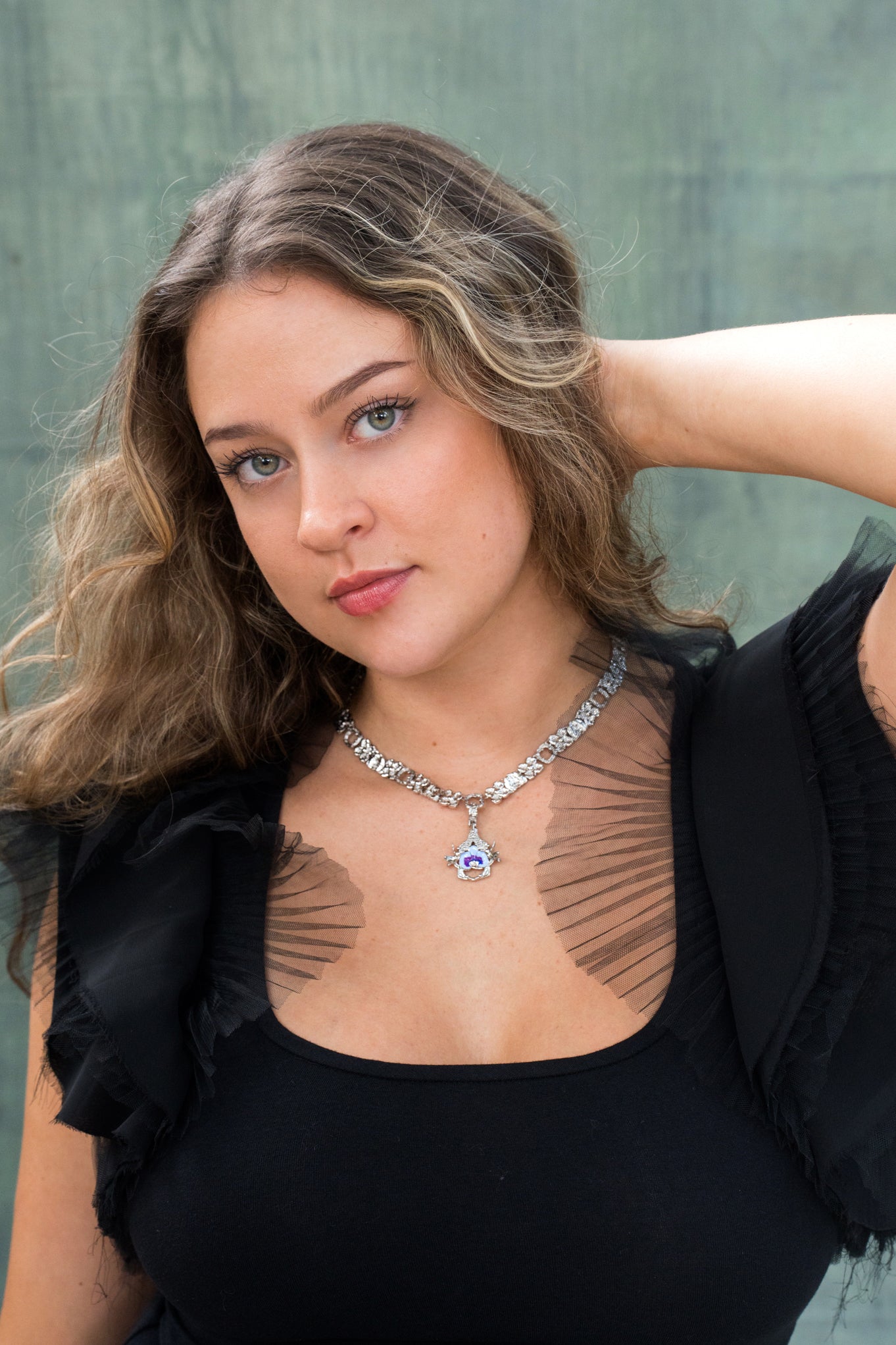 "Cherished Orchid" Necklace with Pendant - Rhodium with Blue Orchid House