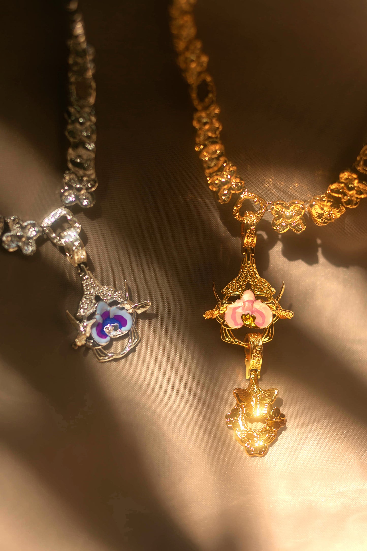 "Cherished Orchid" Necklace with Pendants - Pink Orchid House & Butterfly GOLD