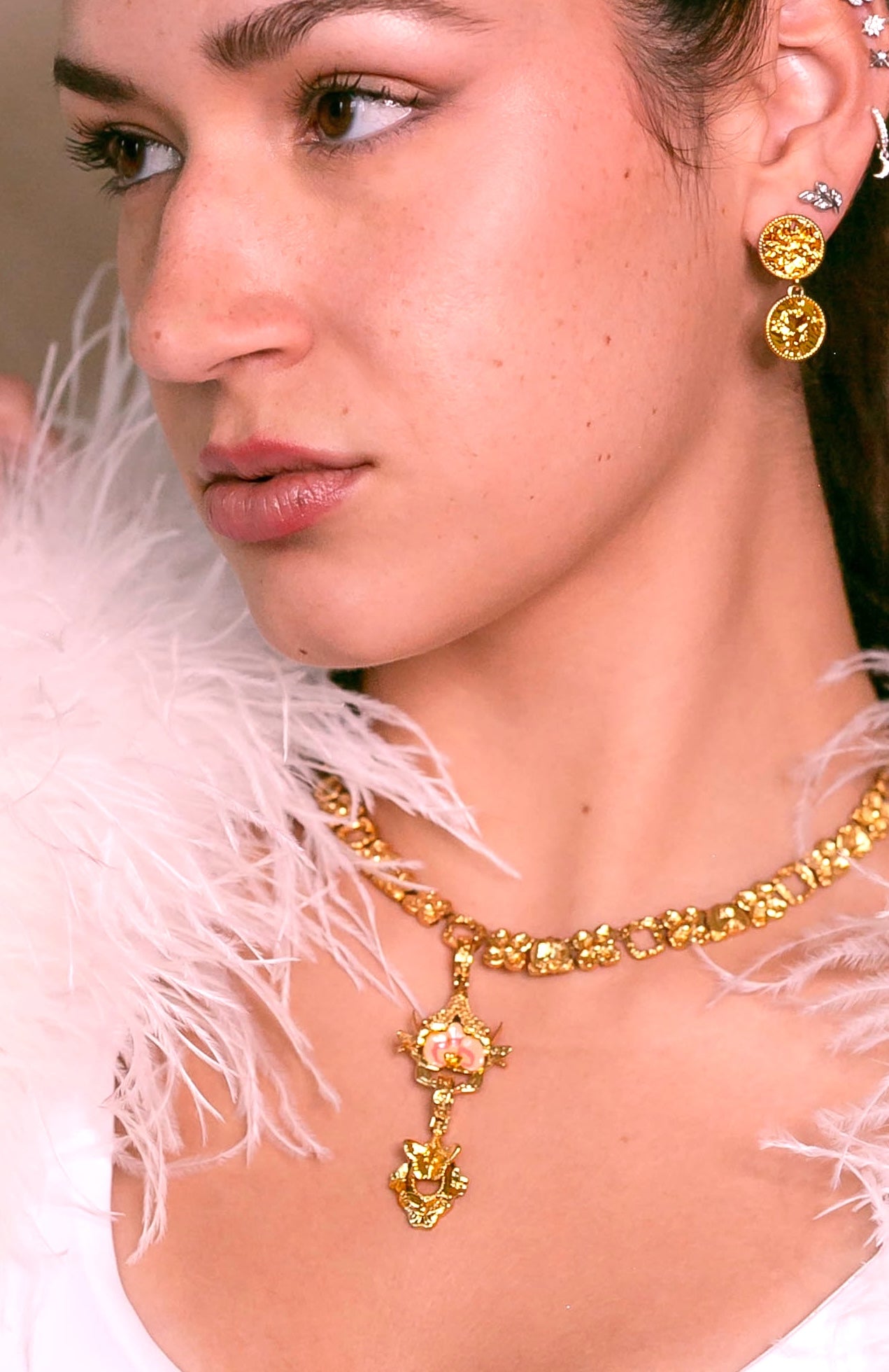 "Cherished Orchid" Necklace with Pendants - Pink Orchid House & Butterfly GOLD