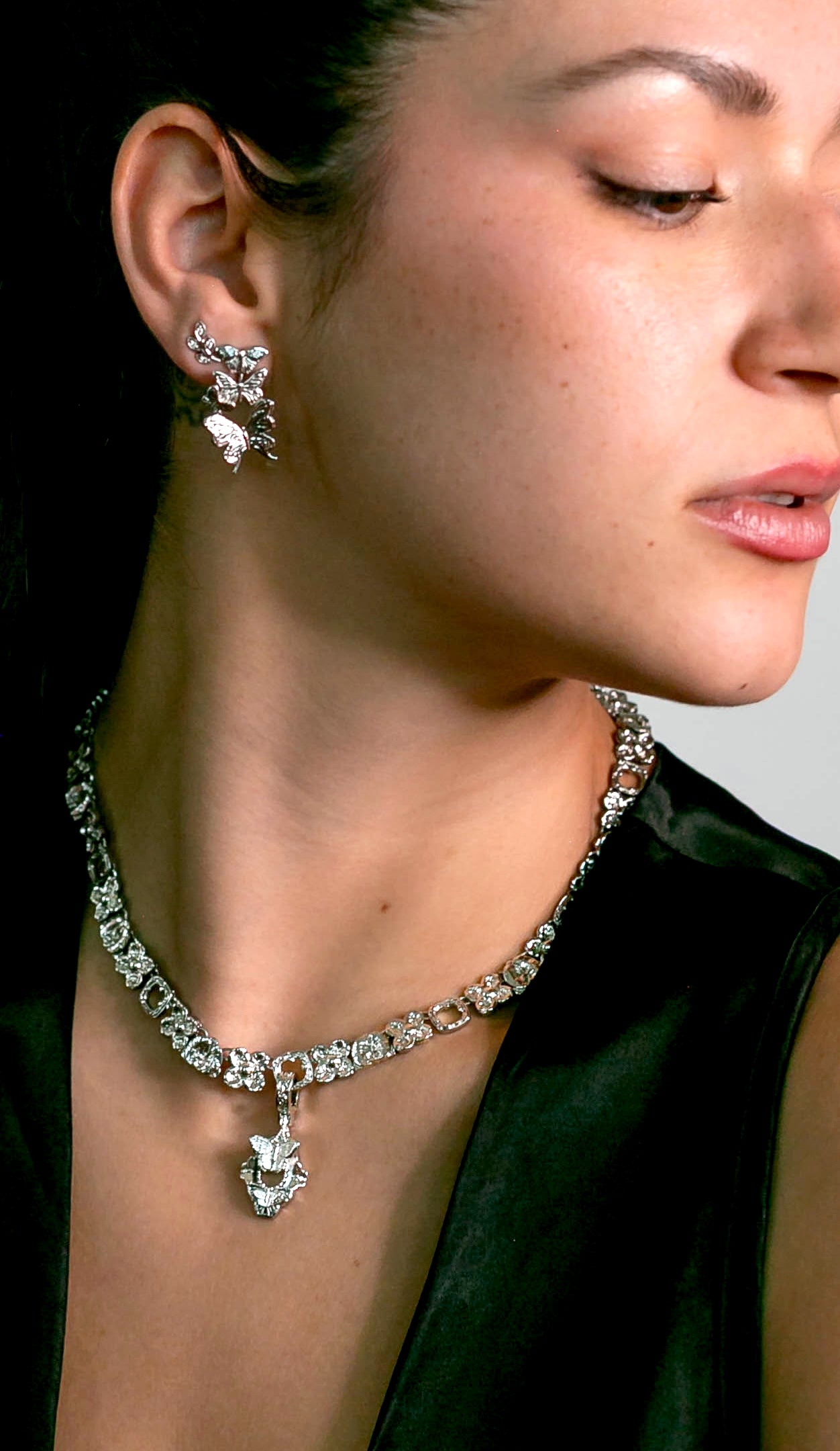 "Cherished Orchid" Necklace with Pendant - Rhodium Butterfly