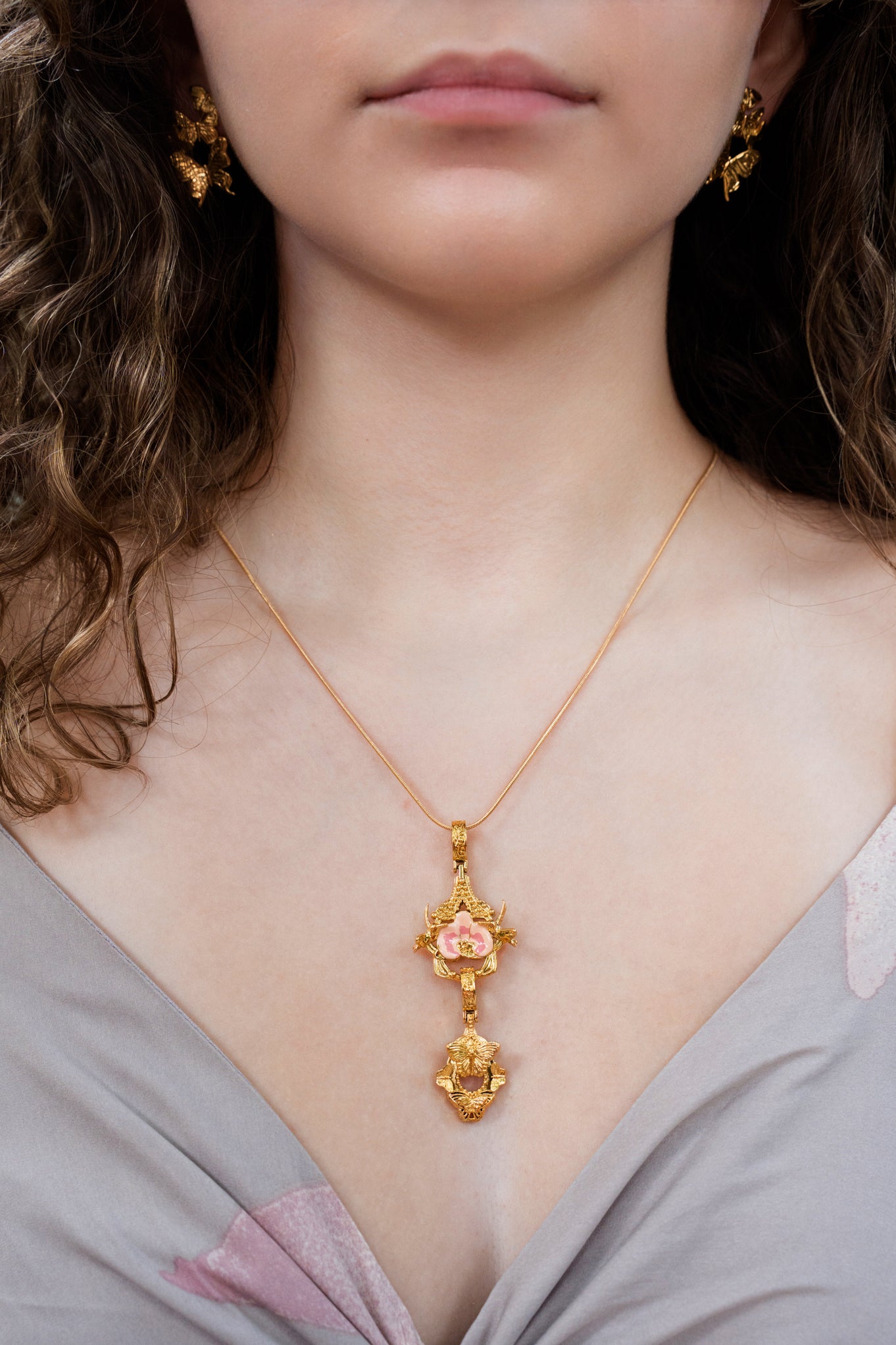 "Cherished Orchid" Pendants - Pink Orchid House & Butterfly GOLD