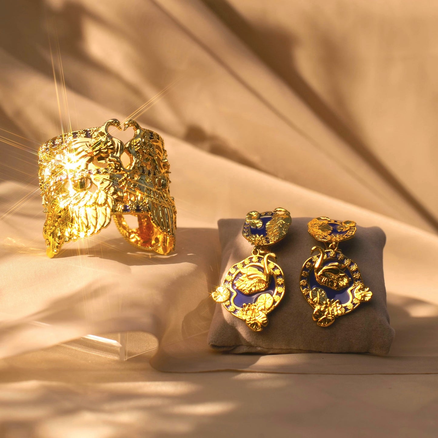 "Tea and Lilies" Cuff - Gold & Royal Blue