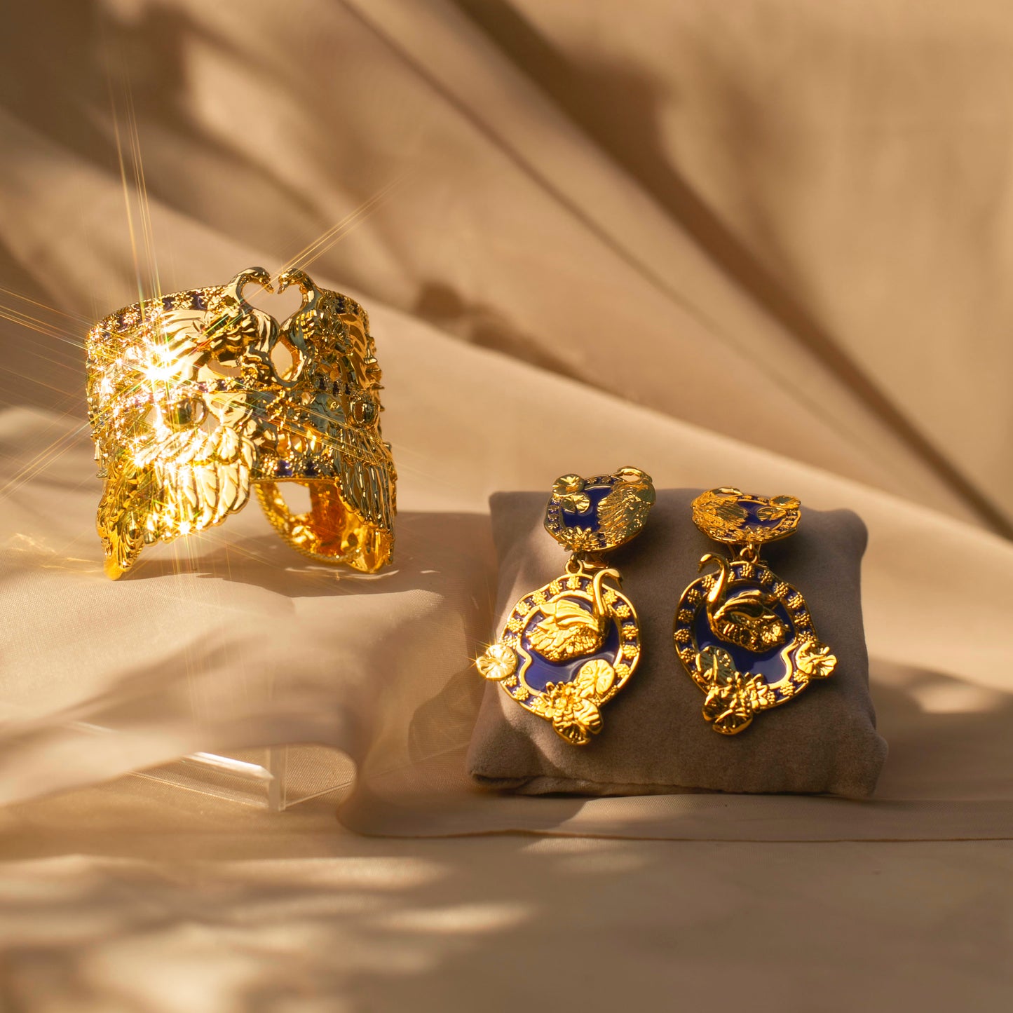 "Tea and Lilies" Large Earrings - Royal Blue & Gold