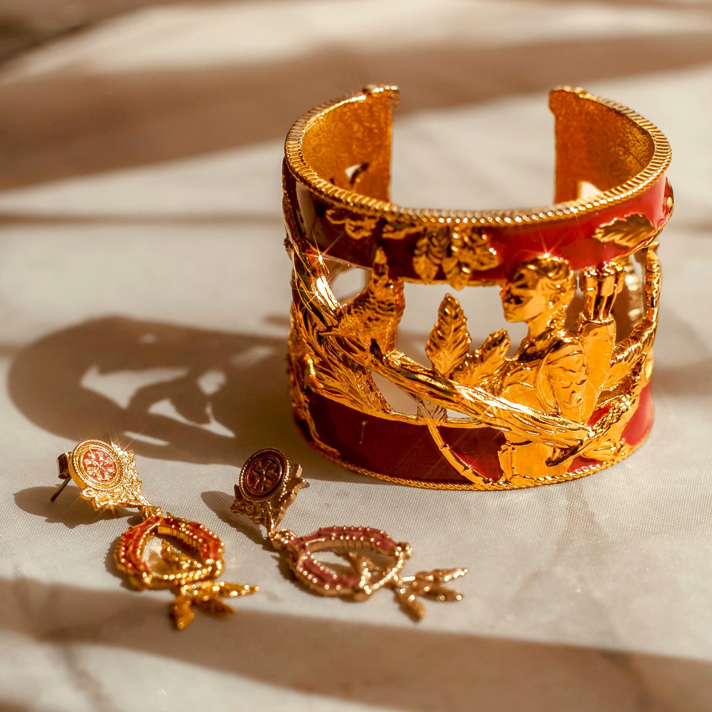 "Vigor" Earrings with Feathers - Gold & Red