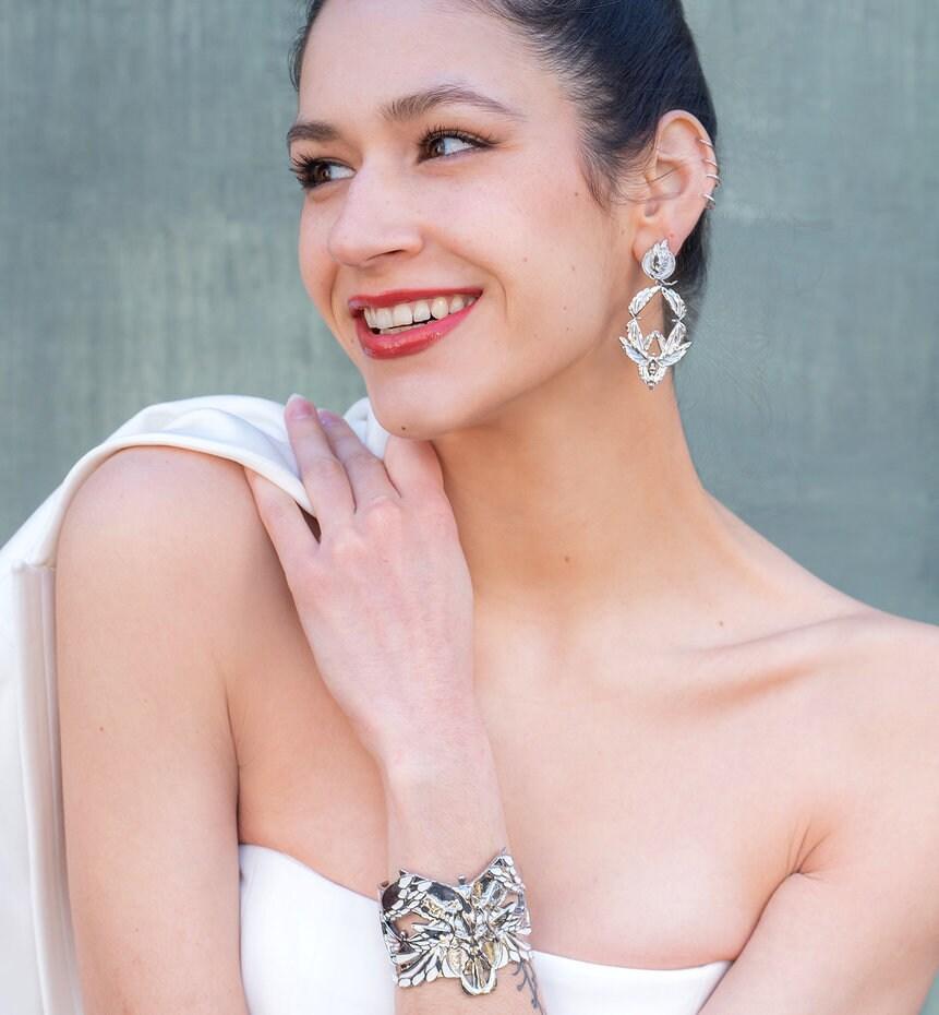 Unique Earrings "Soaring" - Rhodium & Bright White, Large Jewelry, Gift, Gift for Mom, Artistic