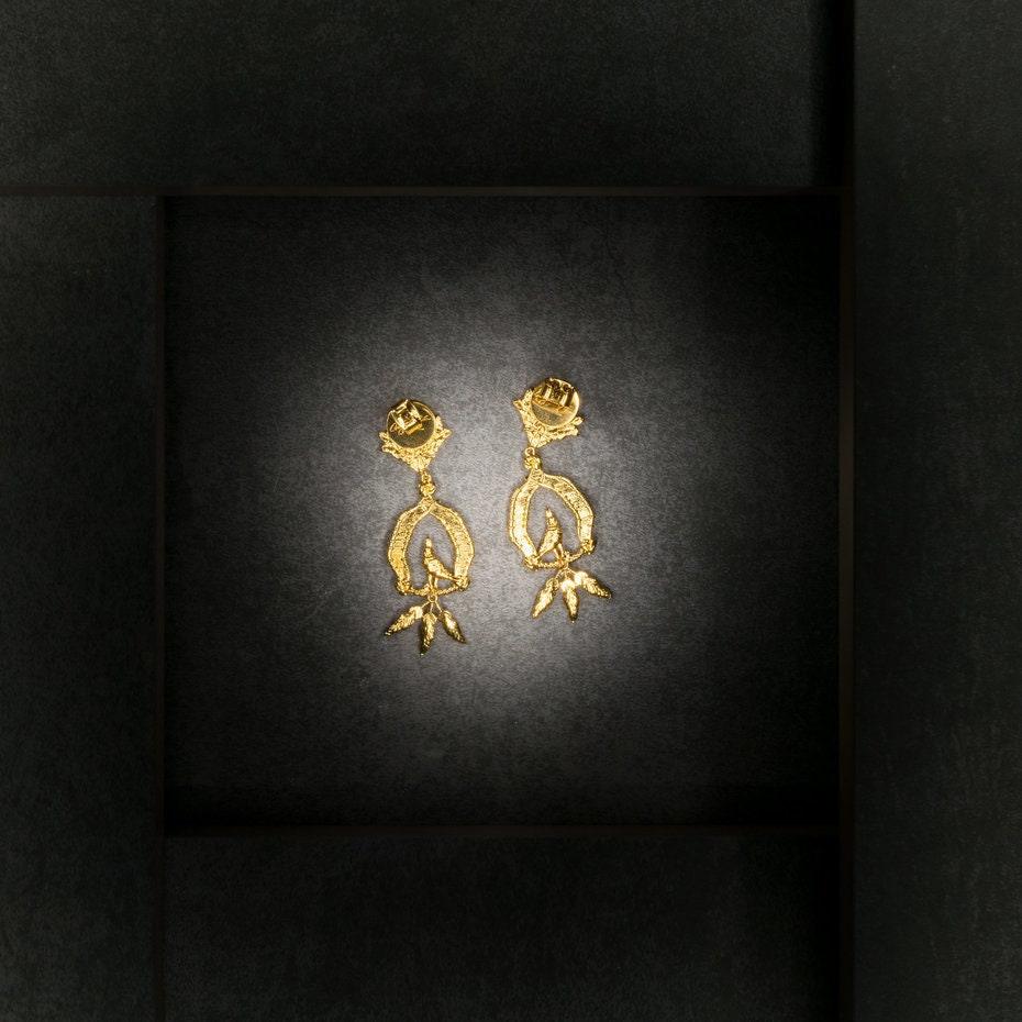 Unique Earrings "Vigor" with Feathers - Gold & Green Jewelry, Gift, Gift for Mom, Artistic