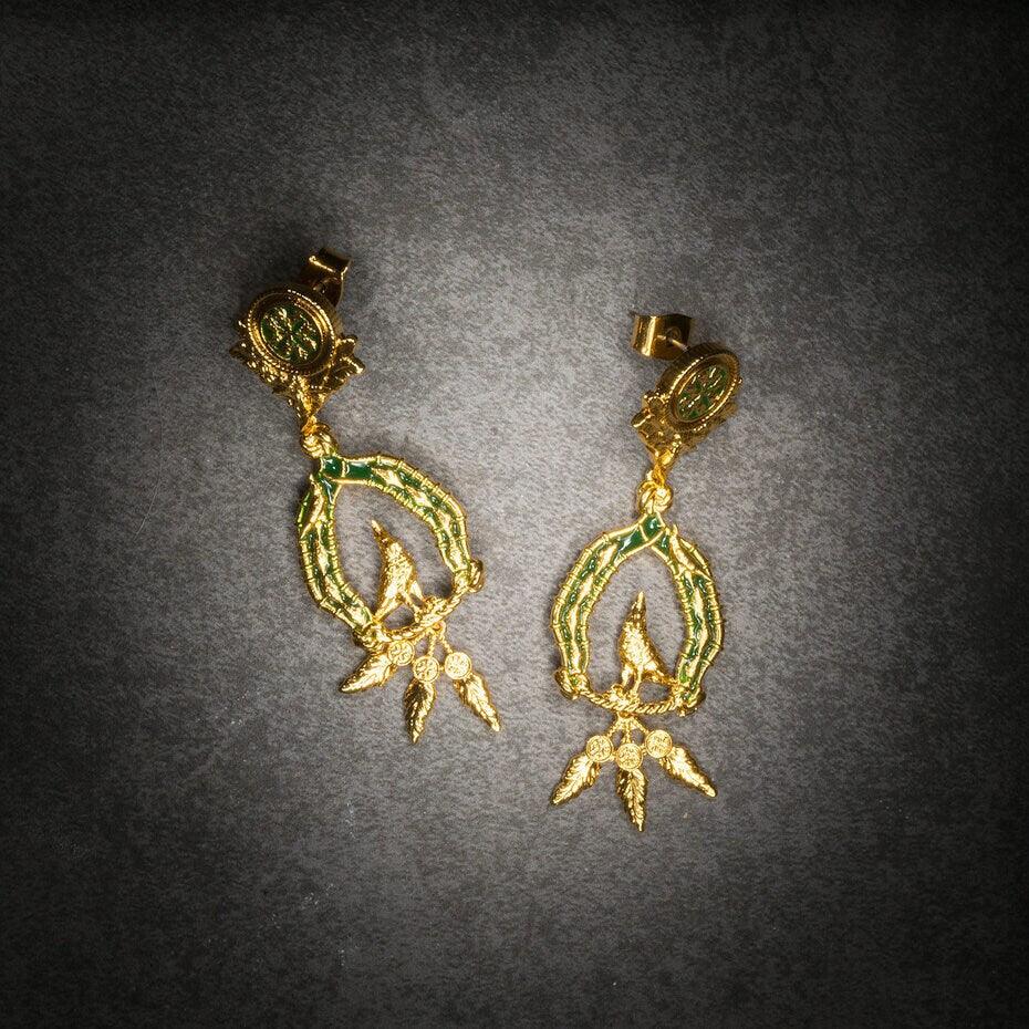 Unique Earrings "Vigor" with Feathers - Gold & Green Jewelry, Gift, Gift for Mom, Artistic