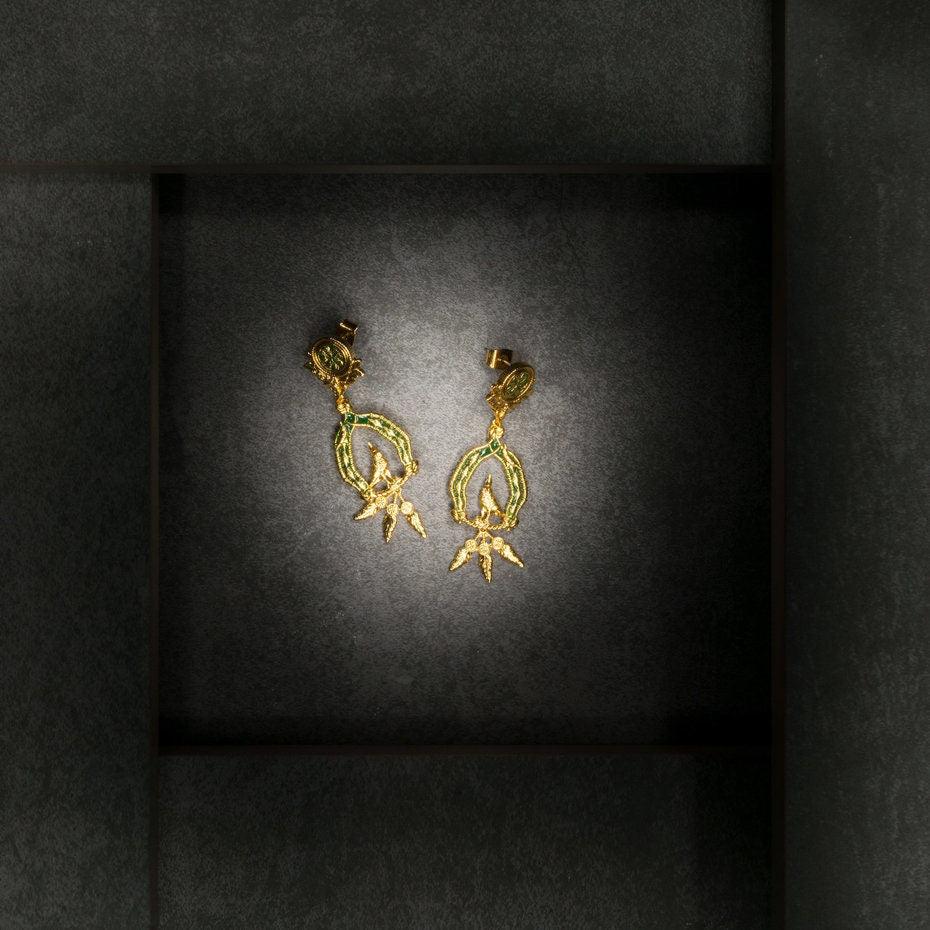 Unique Earrings "Vigor" with Feathers - Gold & Green Jewelry, Gift, Gift for Mom, Artistic