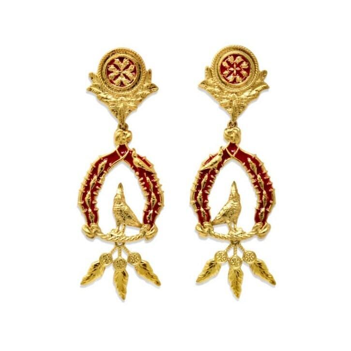 Unique Earrings "Vigor" with Feathers - Gold & Red Gift, Gift For Mom, Artistic, Jewelry