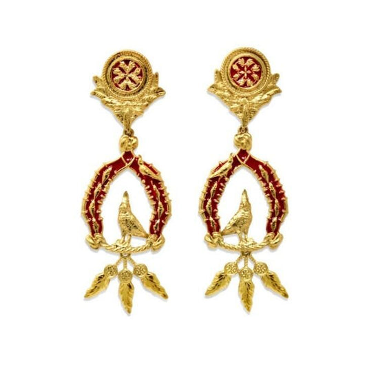 Unique Earrings "Vigor" with Feathers - Gold & Red Gift, Gift For Mom, Artistic, Jewelry