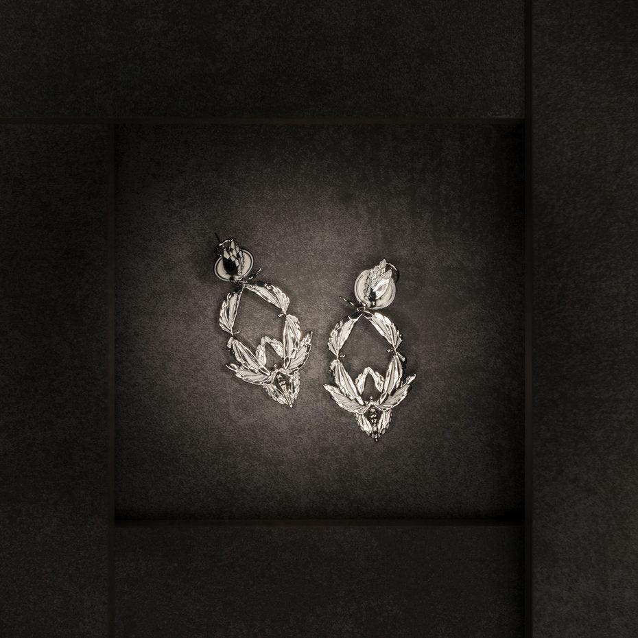 Unique Earrings "Soaring" - Rhodium & Bright White, Large Jewelry, Gift, Gift for Mom, Artistic