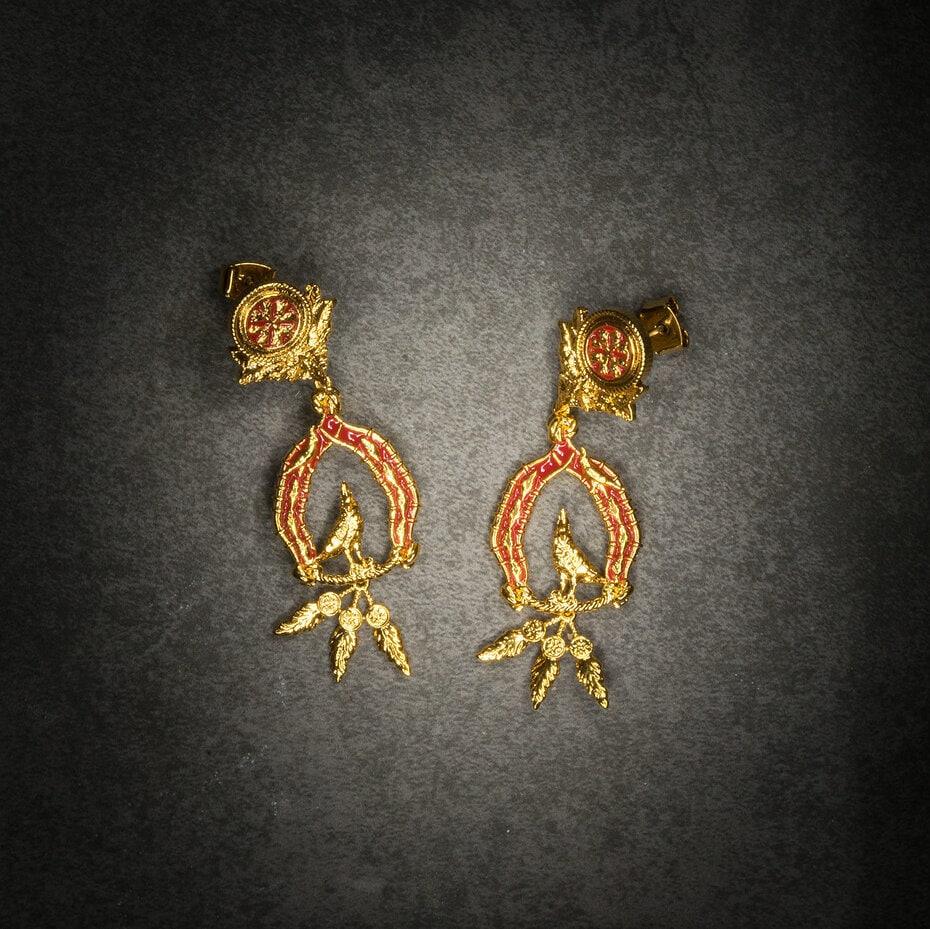 Unique Earrings "Vigor" with Feathers - Gold & Red Gift, Gift For Mom, Artistic, Jewelry