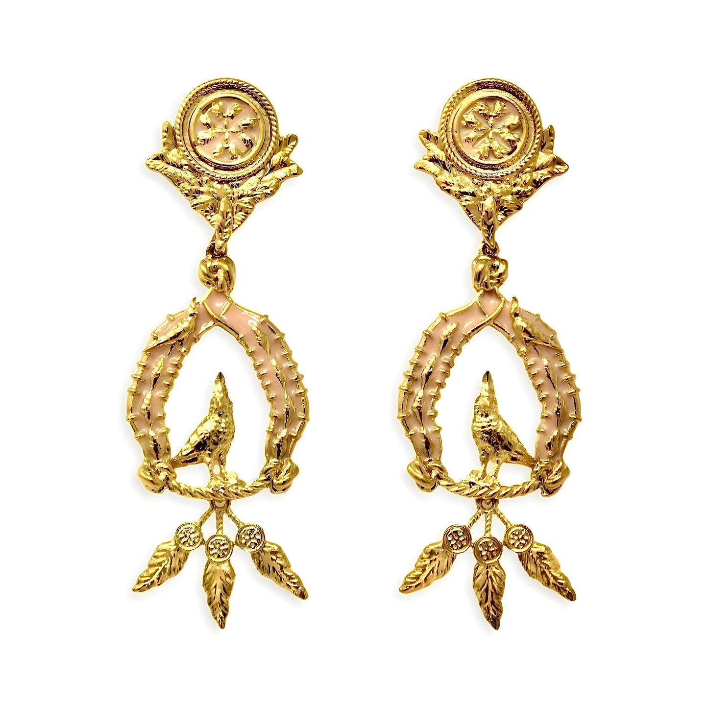 Unique Earrings "Vigor" with Feathers - Gold & Blush Jewelry, Gift, Gift for Mom, Artistic