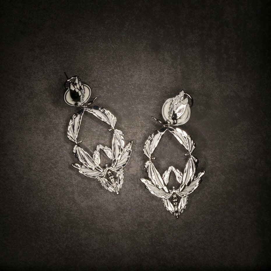 Unique Earrings "Soaring" - Rhodium & Bright White, Large Jewelry, Gift, Gift for Mom, Artistic