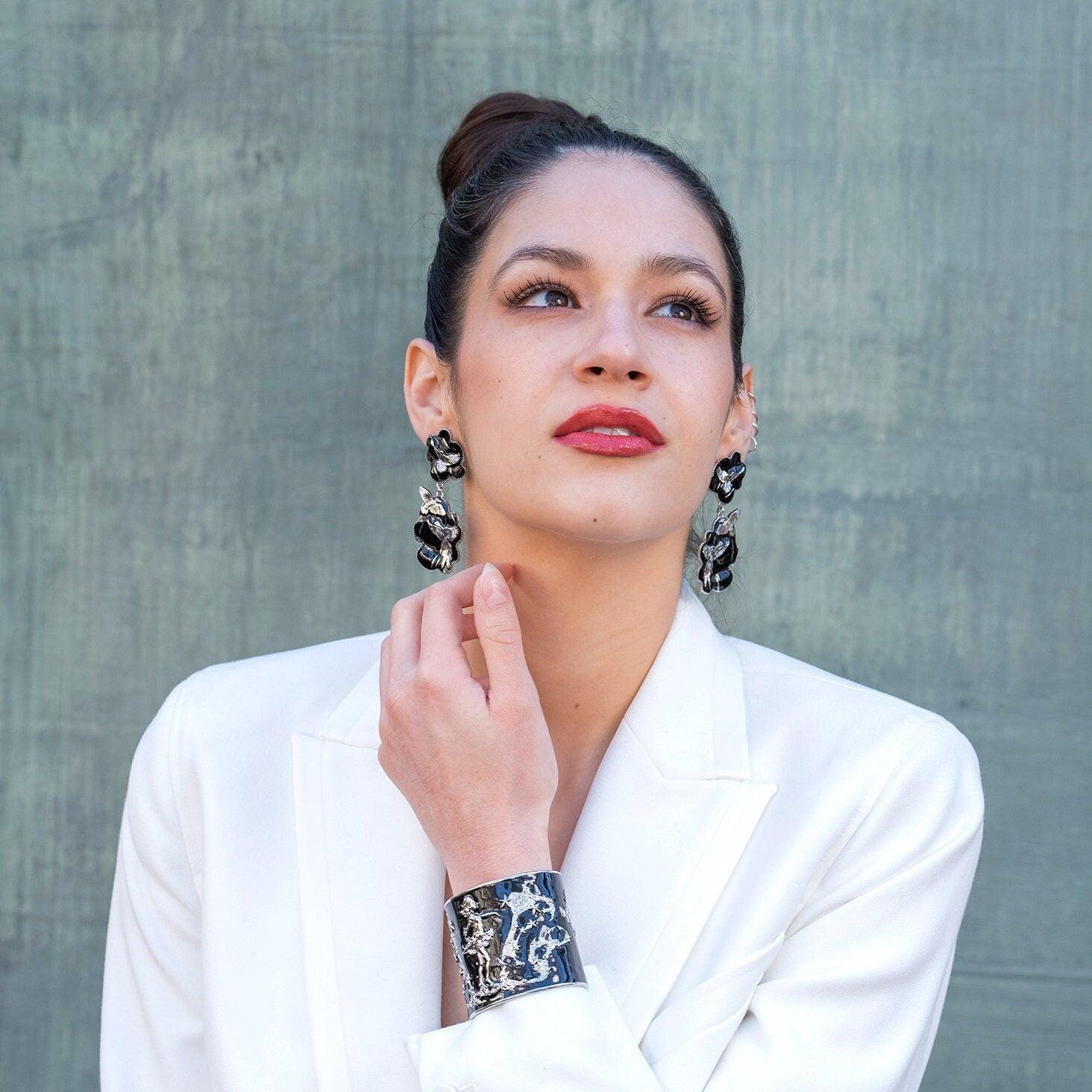"She Moves The Stars" Bracelet Cuff - Silver & Black - Angela Mia Jewelry