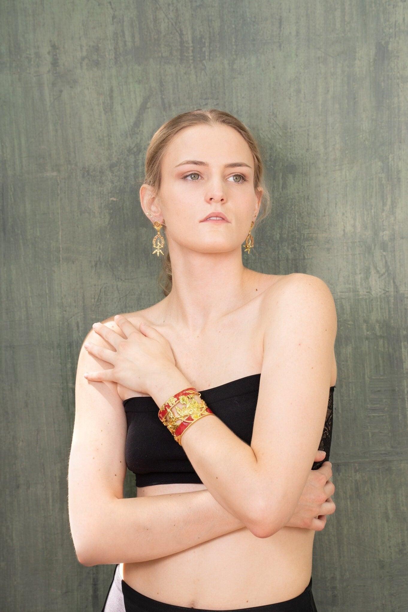 Unique Cuff Bracelet "Vigor" - Gold & Red Gift, Gift For Mom, Artistic, Jewelry Cuff, Bracelet, Gold, Silver, Brass