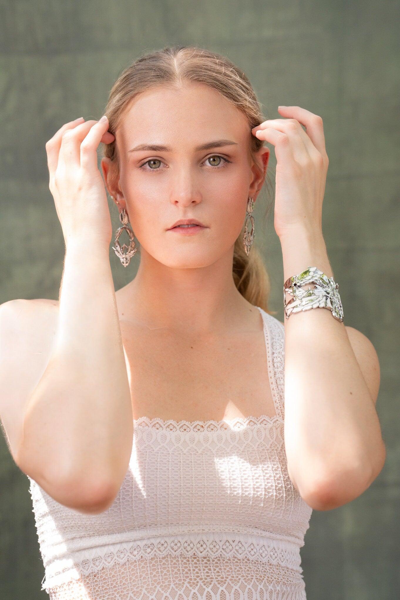 Unique Cuff Bracelet "Soaring" - White & Rhodium Gift, Gift For Mom, Artistic, Jewelry Cuff, Bracelet, Gold, Silver, Brass