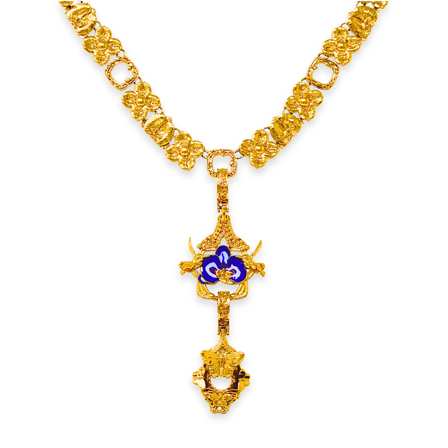 "Cherished Orchid" Necklace with Pendants - Blue Orchid House & Butterfly GOLD