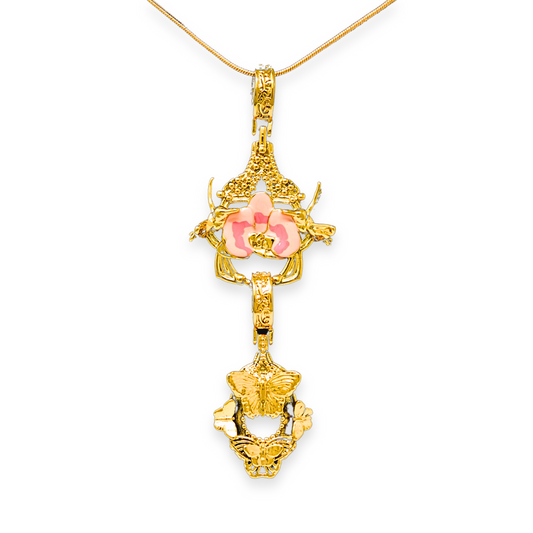 "Cherished Orchid" Pendants - Pink Orchid House & Butterfly GOLD