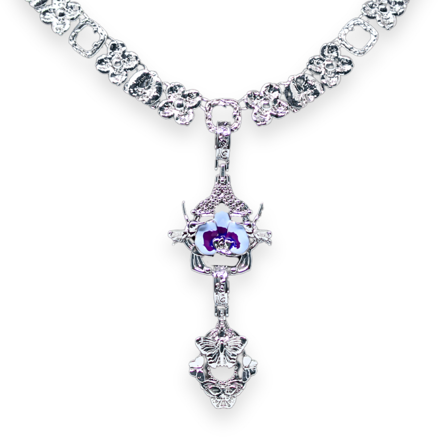 "Cherished Orchid" Necklace with Pendants - Blue Orchid House & Butterfly RHODIUM