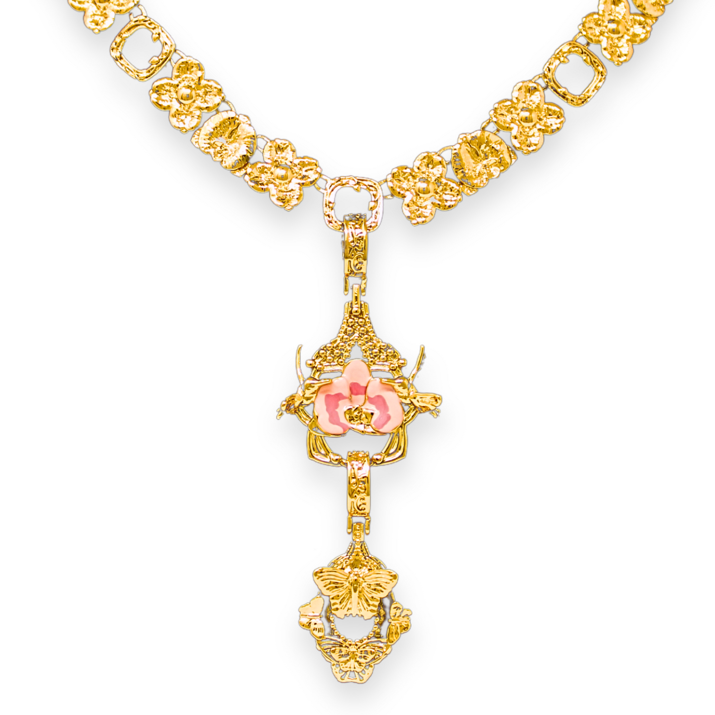 "Cherished Orchid" Necklace with Pendants - Pink Orchid House & Butterfly GOLD