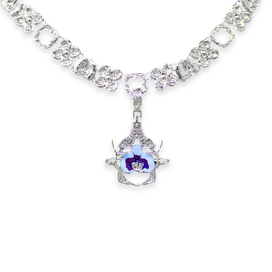 "Cherished Orchid" Necklace with Pendant - Rhodium with Blue Orchid House