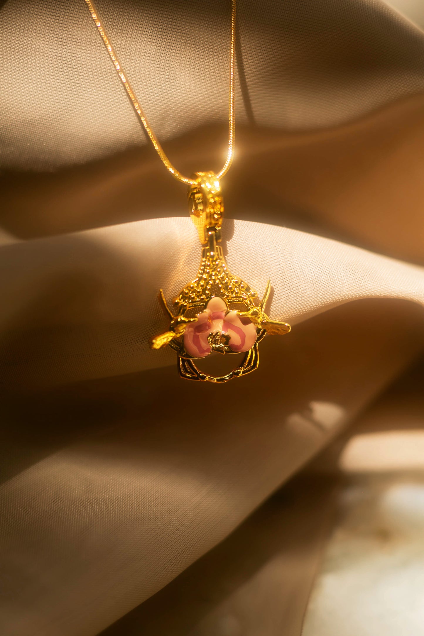 "Cherished Orchid" Pendant - Gold with Pink Orchid