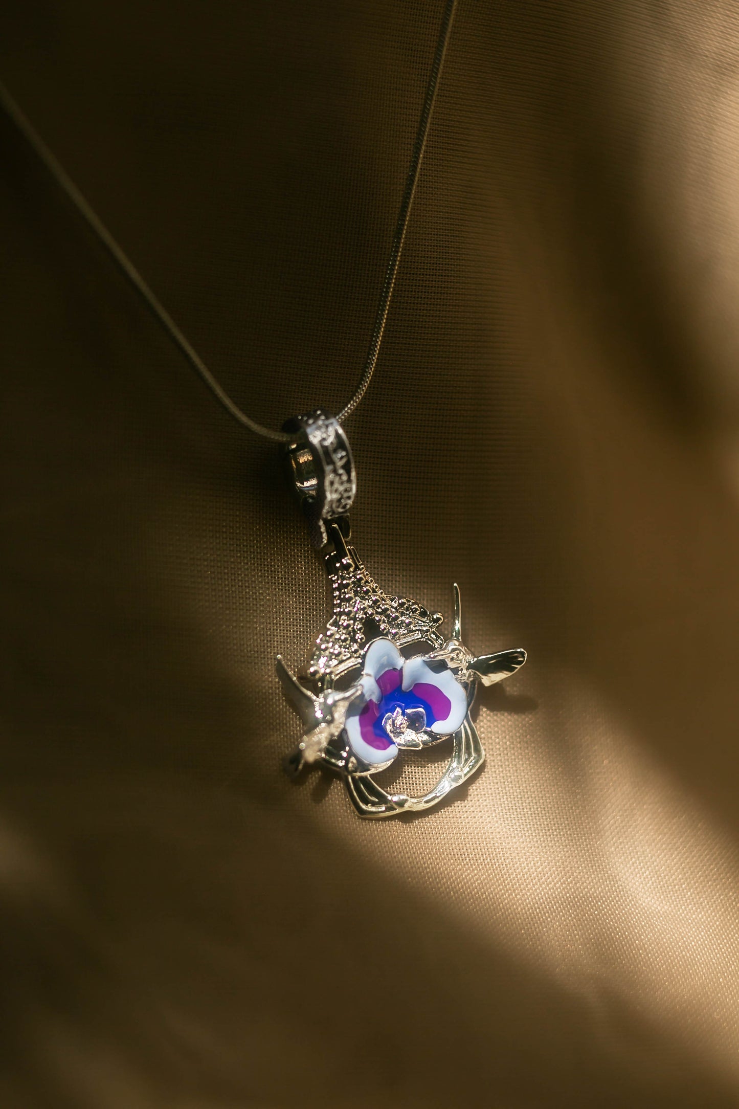 "Cherished Orchid" Pendant - White Rhodium with Blue Orchid