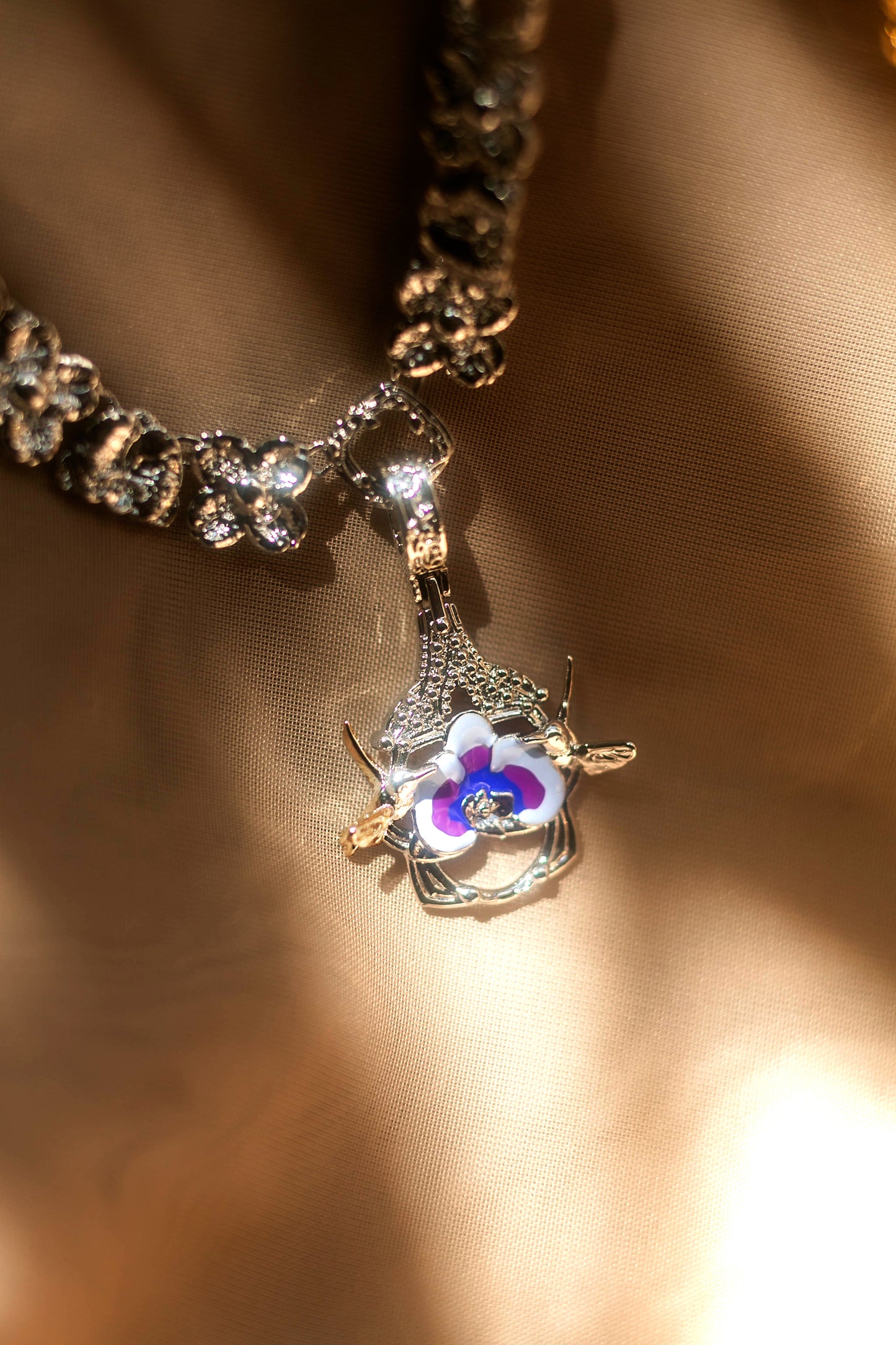 "Cherished Orchid" Necklace with Pendant - Rhodium with Blue Orchid House