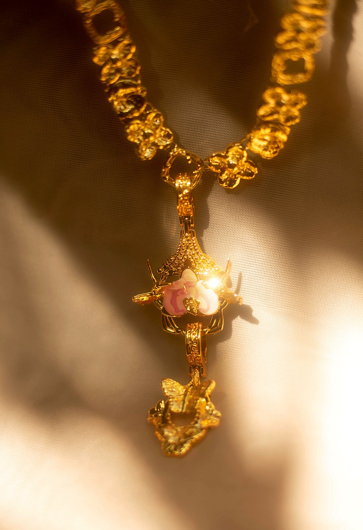 "Cherished Orchid" Necklace with Pendants - Pink Orchid House & Butterfly GOLD