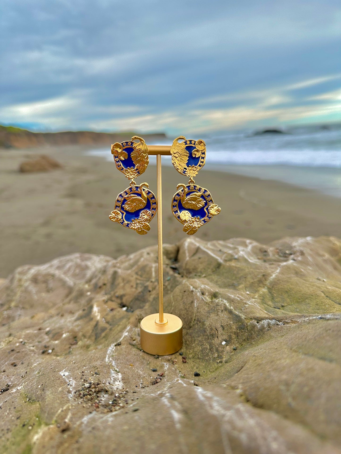 "Tea and Lilies" Large Earrings - Royal Blue & Gold
