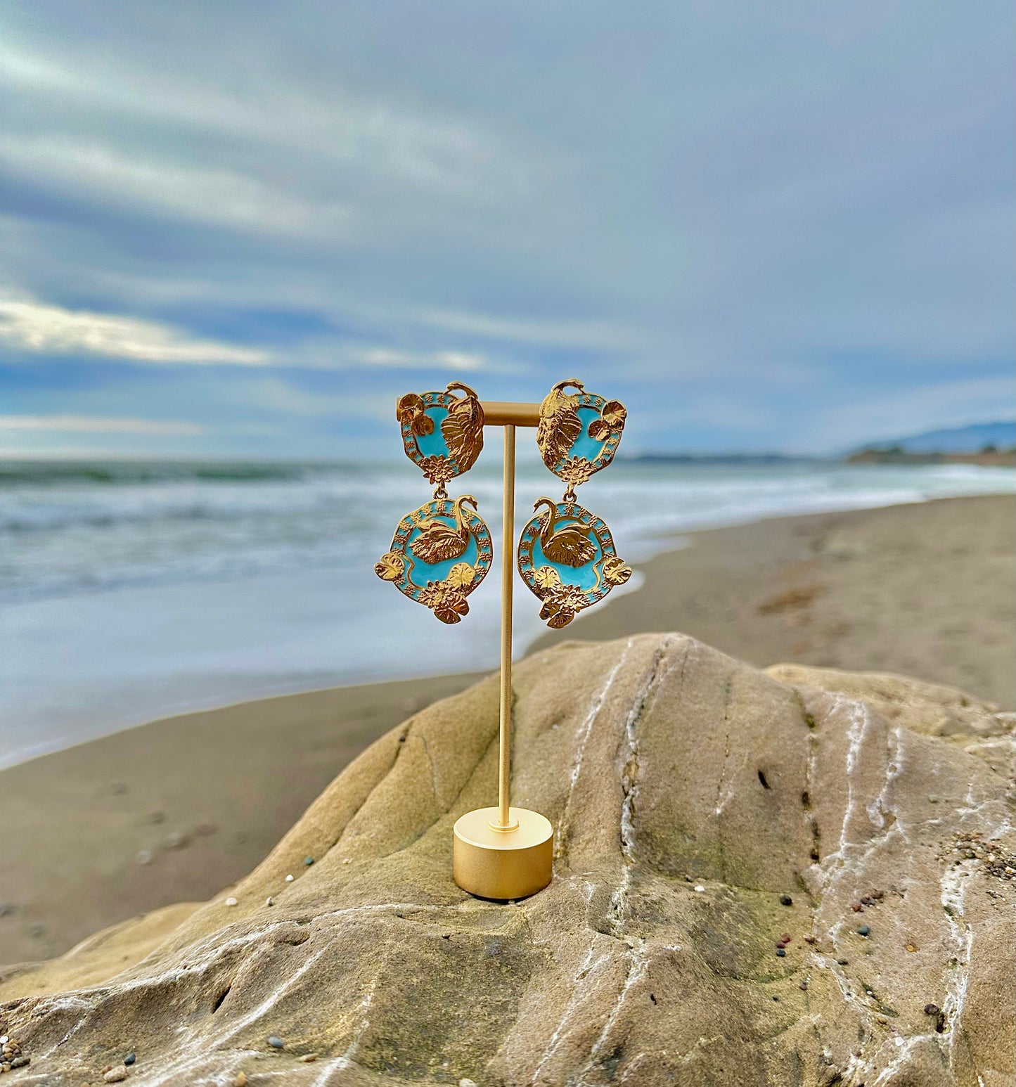 "Tea and Lilies" Large Earrings - Aquamarine & Gold