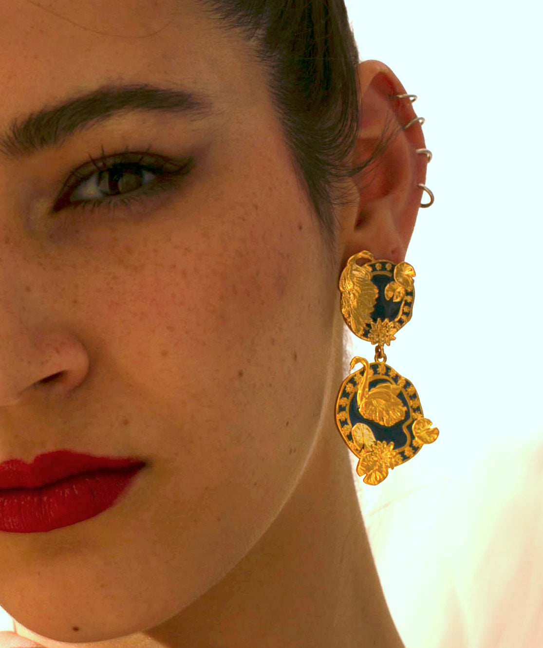 "Tea and Lilies" Large Earrings - Royal Blue & Gold
