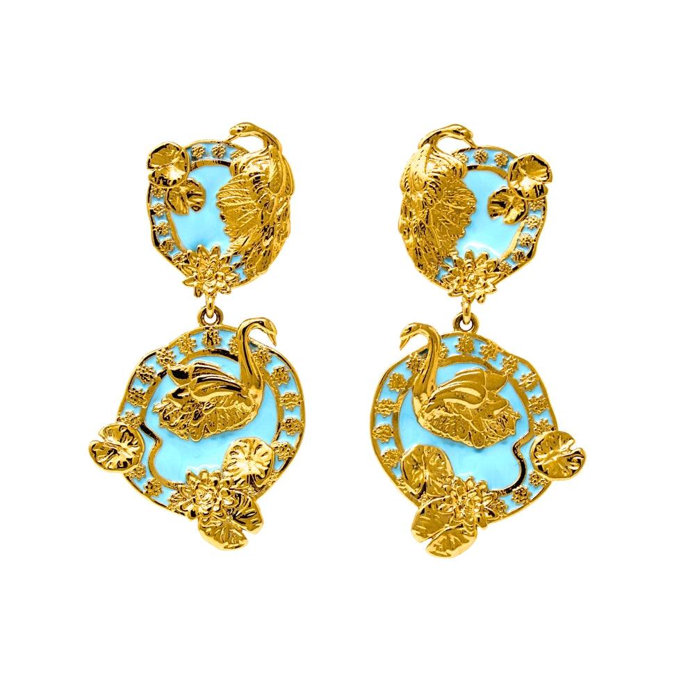 "Tea and Lilies" Large Earrings - Royal Blue & Gold - Angela Mia Jewelry