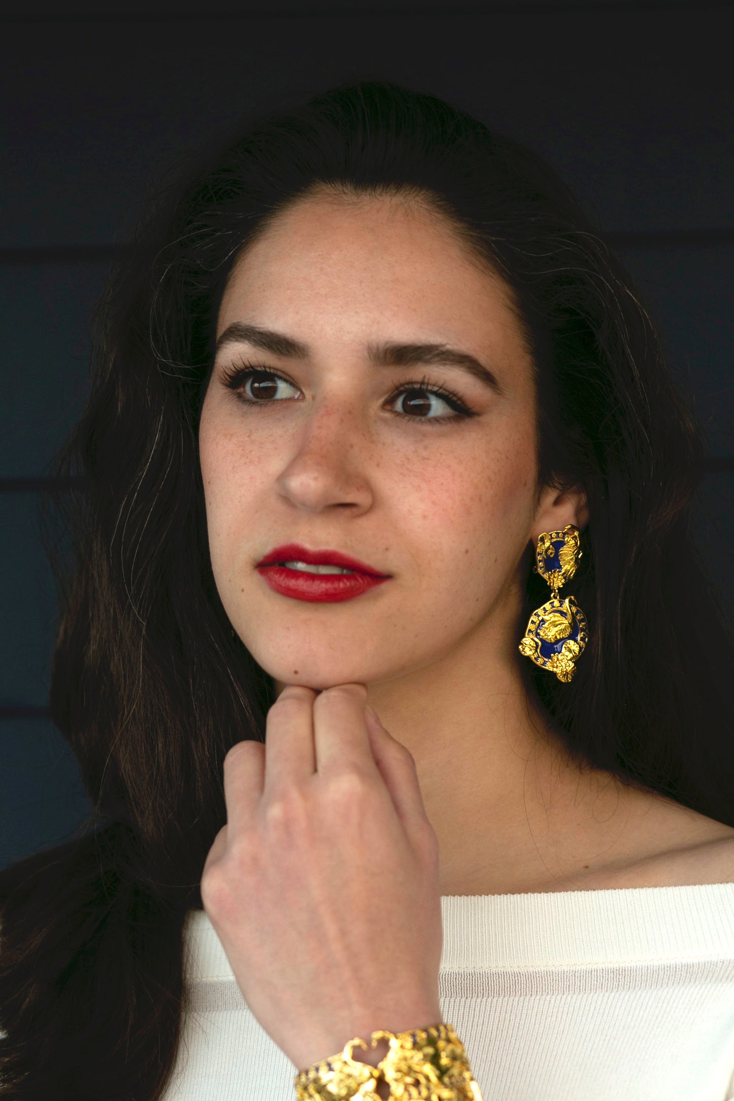 "Tea and Lilies" Large Earrings - Royal Blue & Gold