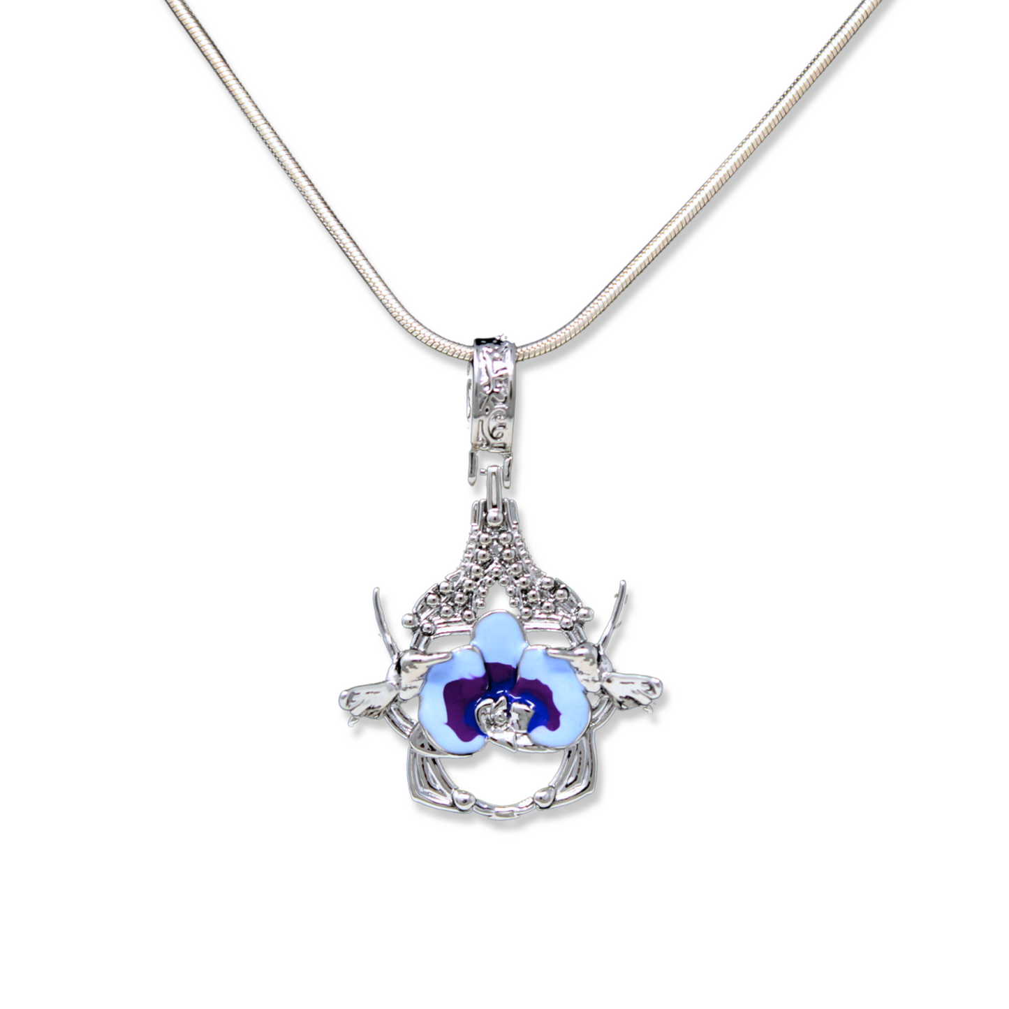 "Cherished Orchid" Pendant - White Rhodium with Blue Orchid