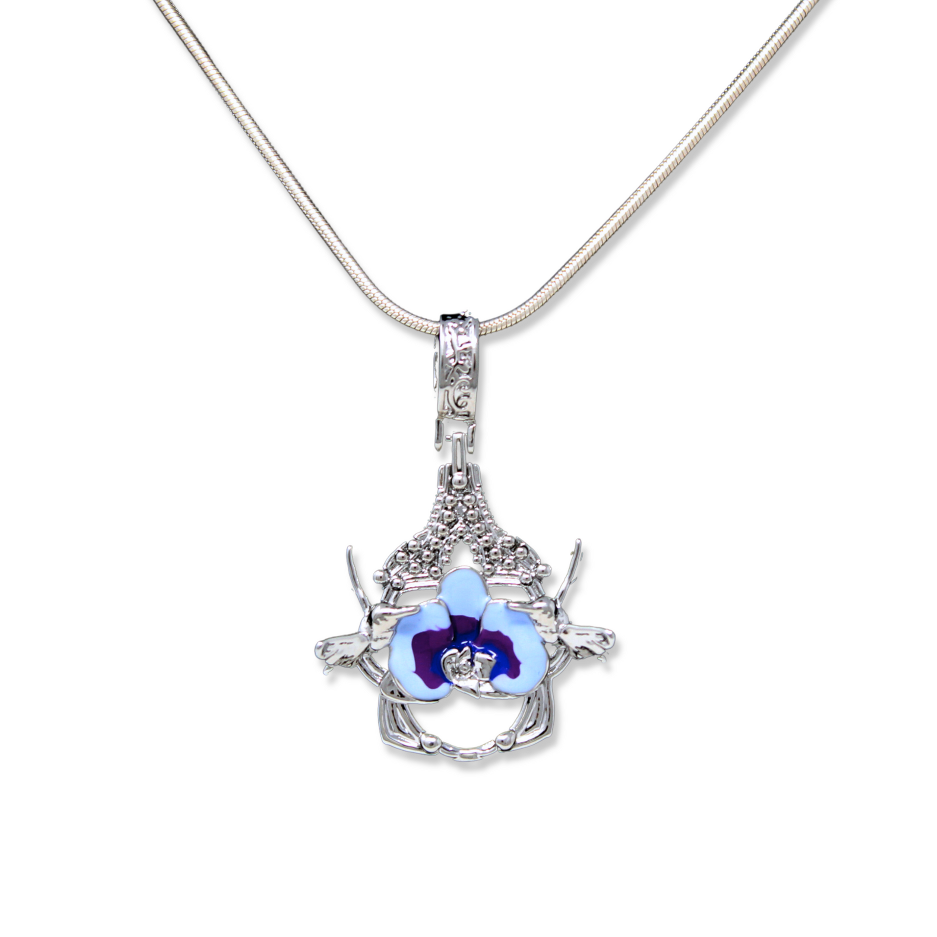 Orchid Pendant Necklace – Blue Orchid in White Rhodium – Angela