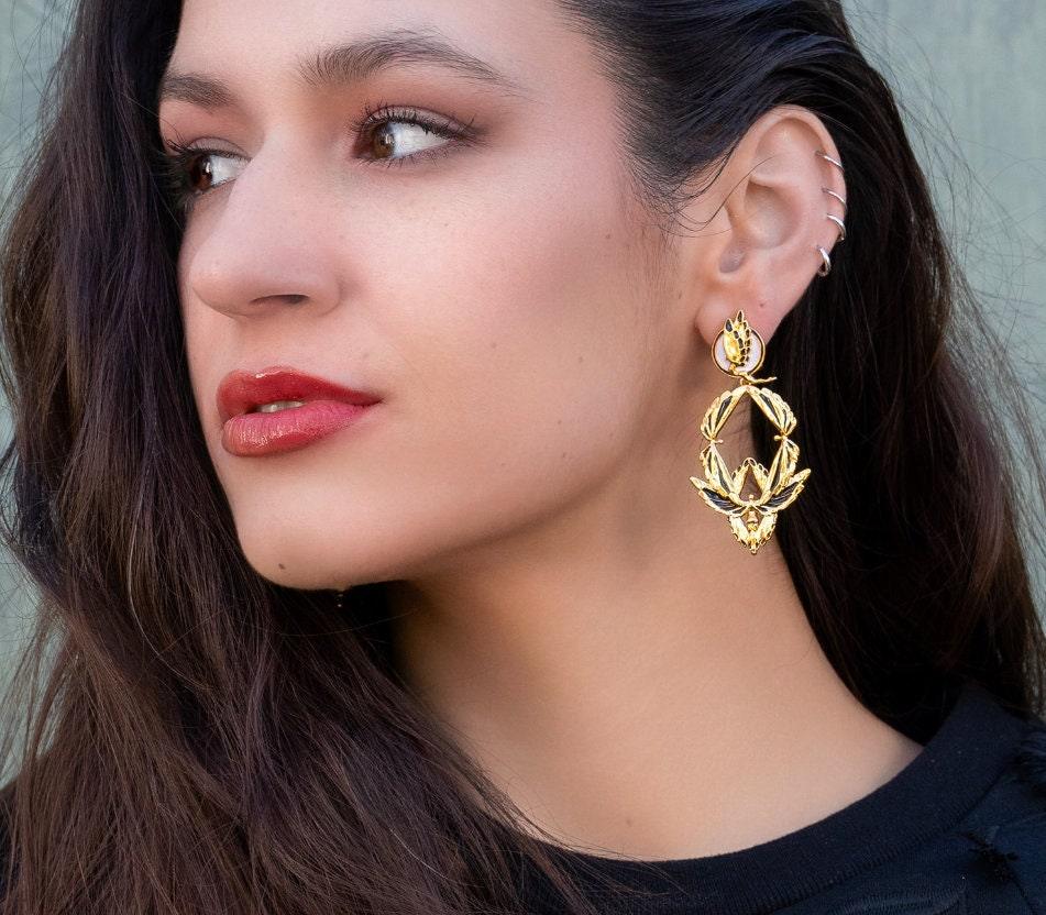 Unique Earrings "Soaring" - Gold & Black, Large Gift, Gift For Mom, Artistic, Jewelry