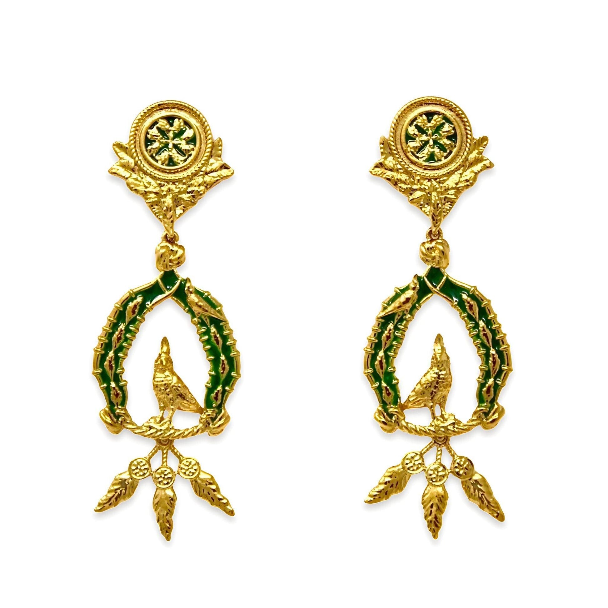Unique Earrings "Vigor" with Feathers - Gold & Green Jewelry, Gift, Gift for Mom, Artistic