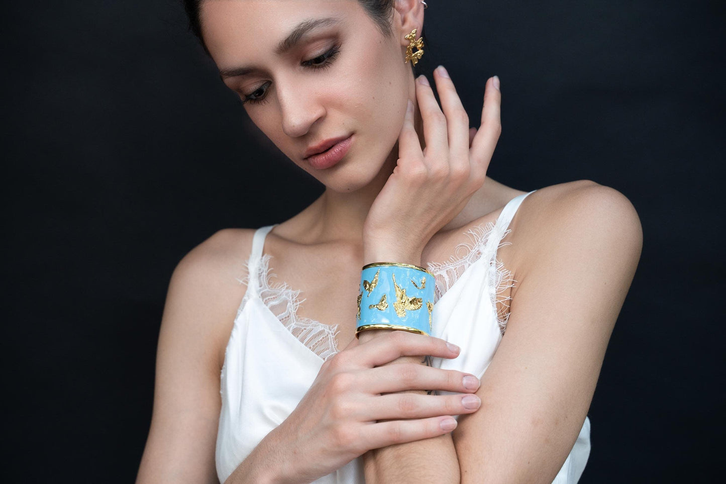 Unique Cuff Bracelet "Arise" - Gold & Sky Blue with Clouds Gift, Gift For Mom, Artistic, Jewelry Cuff, Bracelet, Gold, Silver, Brass