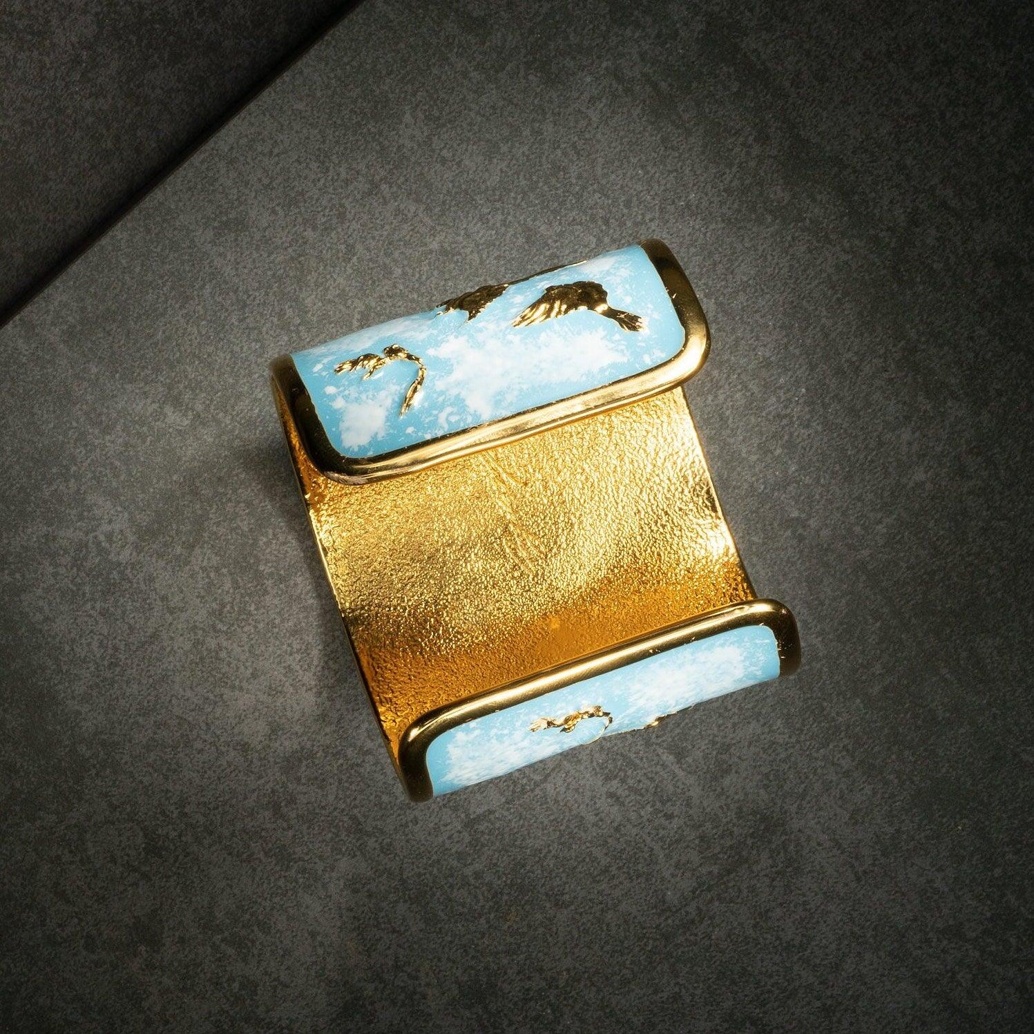 Unique Cuff Bracelet "Arise" - Gold & Sky Blue with Clouds Gift, Gift For Mom, Artistic, Jewelry Cuff, Bracelet, Gold, Silver, Brass