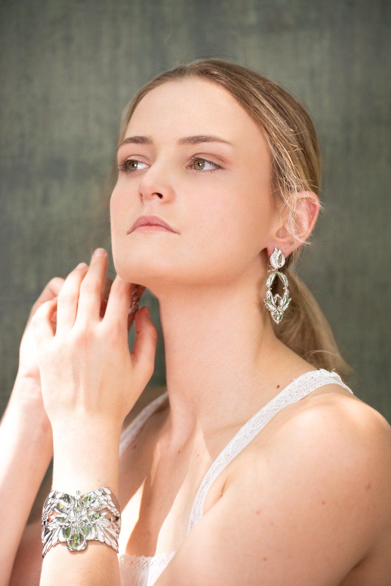 Unique Earrings "Soaring" - Rhodium & Bright White, Large Jewelry, Gift, Gift for Mom, Artistic