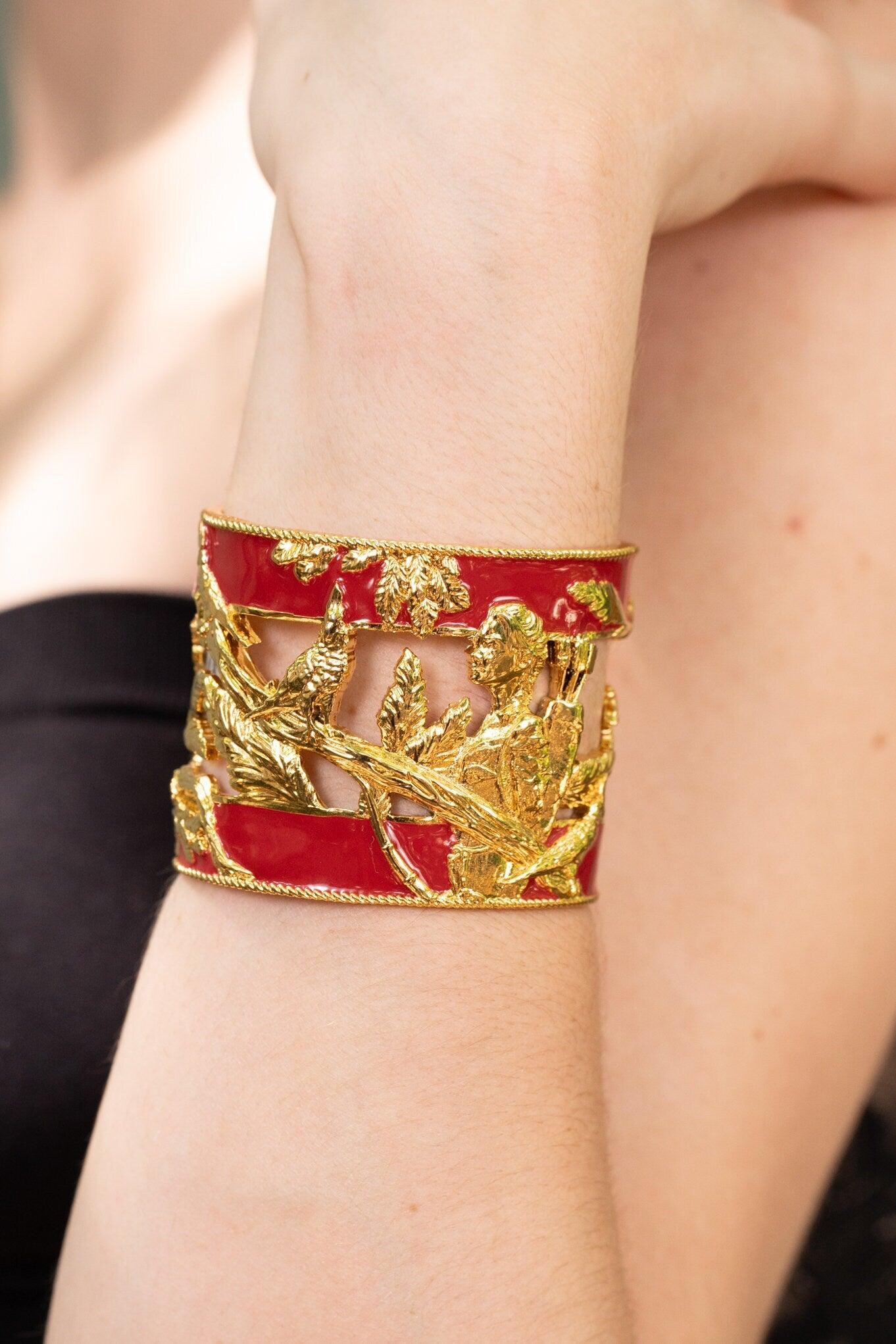 Unique Cuff Bracelet "Vigor" - Gold & Red Gift, Gift For Mom, Artistic, Jewelry Cuff, Bracelet, Gold, Silver, Brass