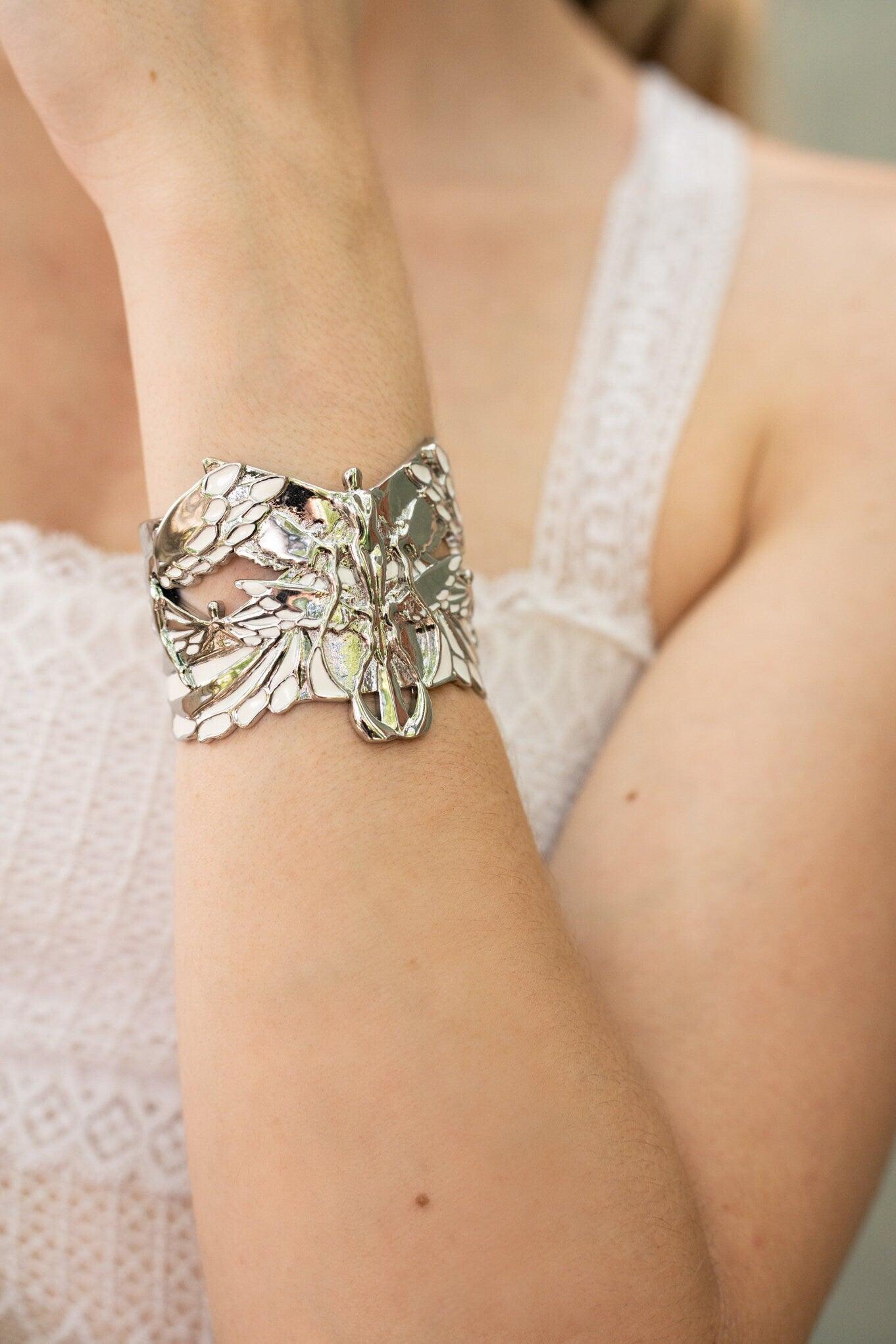 Unique Cuff Bracelet "Soaring" - White & Rhodium Gift, Gift For Mom, Artistic, Jewelry Cuff, Bracelet, Gold, Silver, Brass